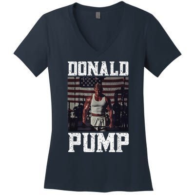 Muscular President Trump Lifting Weights Swole Donald Pump Women's V-Neck T-Shirt