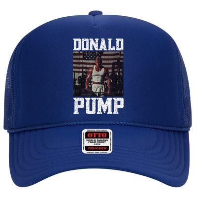 Muscular President Trump Lifting Weights Swole Donald Pump High Crown Mesh Back Trucker Hat