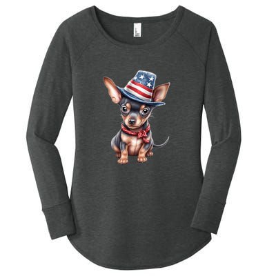 Miniature Pinscher USA Flag American Dogs 4th Of July Women's Perfect Tri Tunic Long Sleeve Shirt