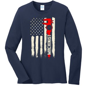 Machinist Patriotic Us Flag Ladies Long Sleeve Shirt