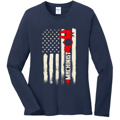 Machinist Patriotic Us Flag Ladies Long Sleeve Shirt