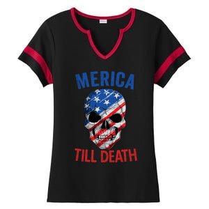 Merica Patriotic Usa Skull American Flag 4th Of July Gift Ladies Halftime Notch Neck Tee