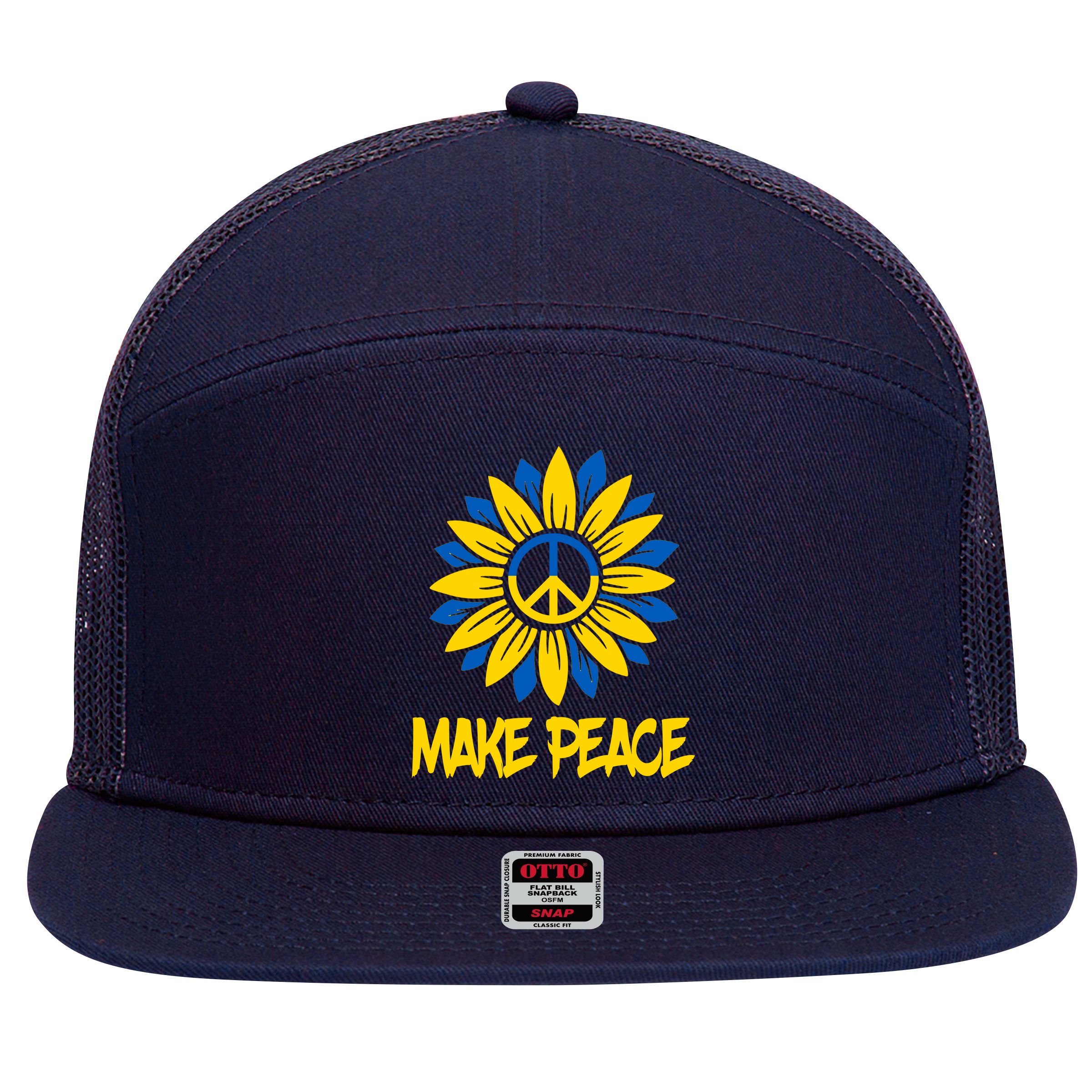 Make Peace Ukraine Strong Sunflower 7 Panel Mesh Trucker Snapback Hat