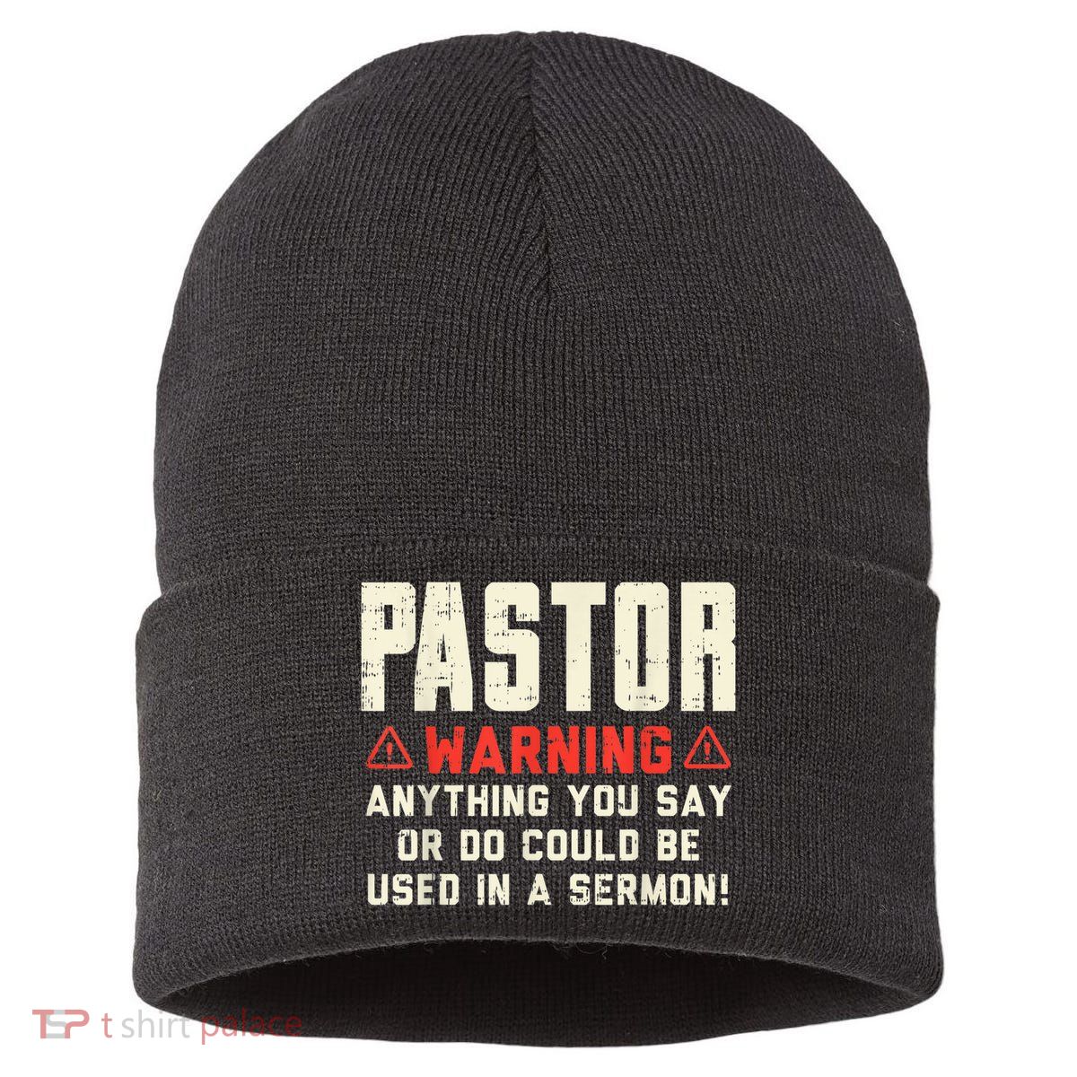 Mens Pastor Warning Sermon Funny Christian Preacher Minister Sustainable Knit Beanie