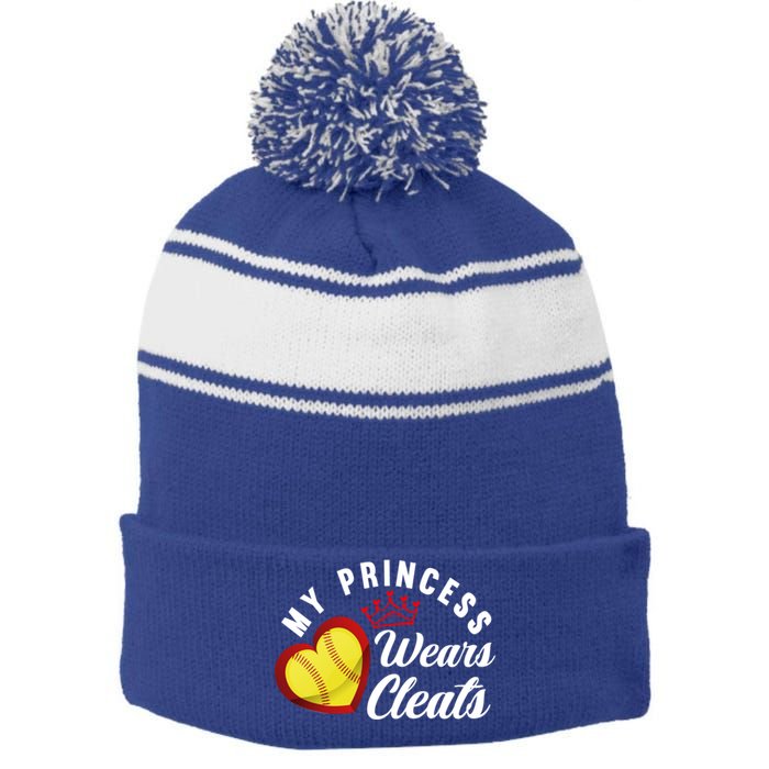 My Princess Wears Cleats Softball Mom Dad Funny Softball Funny Gift Stripe Pom Pom Beanie