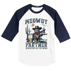 Meowdy Partner Whiskers In The Wind Humor Cool Cowboy Cat Baseball Sleeve Shirt