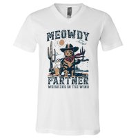 Meowdy Partner Whiskers In The Wind Humor Cool Cowboy Cat V-Neck T-Shirt