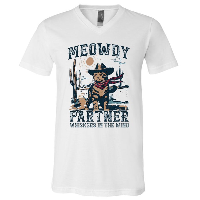 Meowdy Partner Whiskers In The Wind Humor Cool Cowboy Cat V-Neck T-Shirt