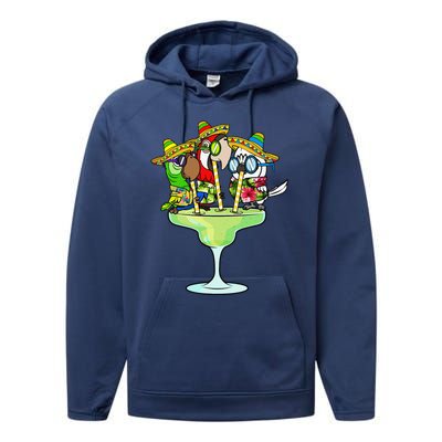 Macaw Parrots With Sombreros Cinco De Mayo Margarita Bird Performance Fleece Hoodie