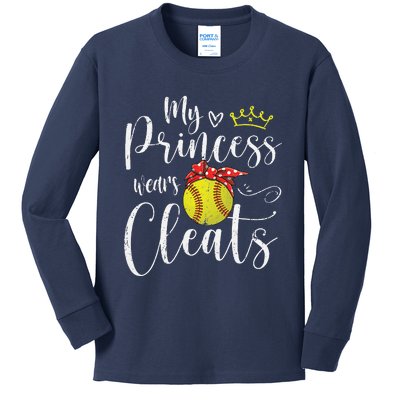 My Princess Wears Cleats Funny Baseball Softball Mothers Mom Kids Long Sleeve Shirt