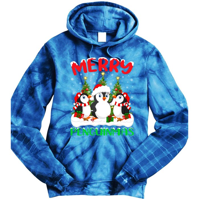 Merry Penguinmas Xmas Tree Lights Santa Penguin Christmas Great Gift Tie Dye Hoodie