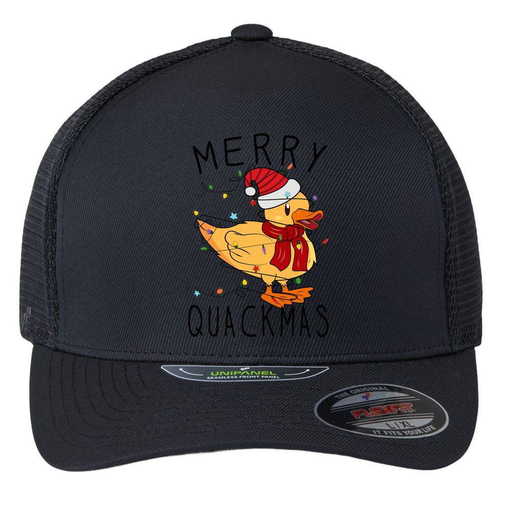 Merry Quackmas Duck Funny Christmas Lights Gift Xmas Holiday Flexfit Unipanel Trucker Cap