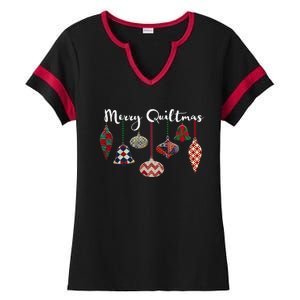 Merry Quiltmas Funny Christmas Quilt Ornament Sewing Gift Ladies Halftime Notch Neck Tee