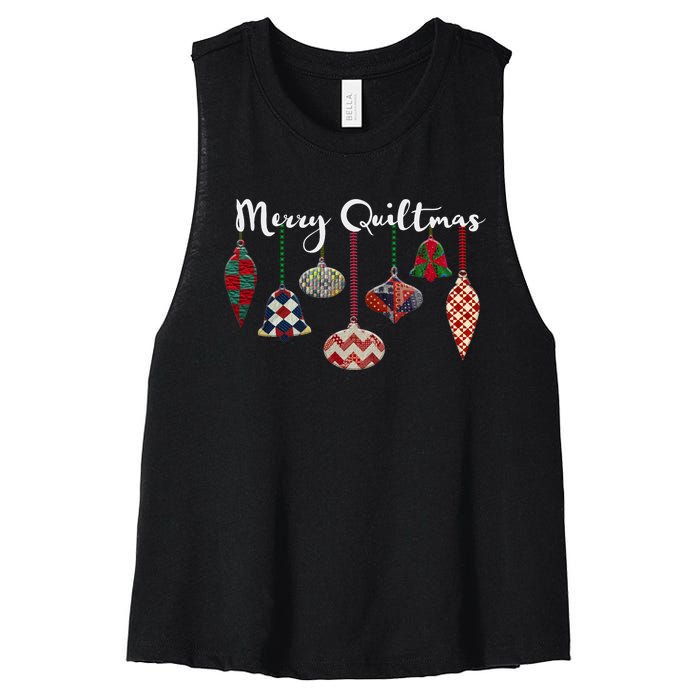 Merry Quiltmas Funny Christmas Quilt Ornament Sewing Gift Women's Racerback Cropped Tank