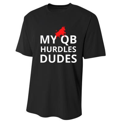 My Qb Hurdles Dudes Funny Performance Sprint T-Shirt