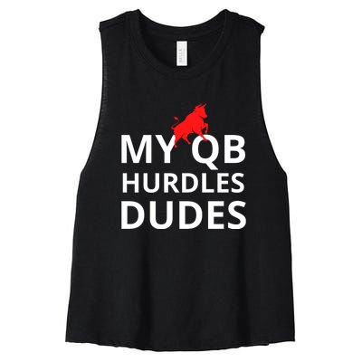 My Qb Hurdles Dudes Funny Women's Racerback Cropped Tank