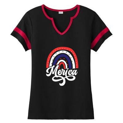 Merica Rainbow 4th Of July Patriotic Funny Ladies Halftime Notch Neck Tee