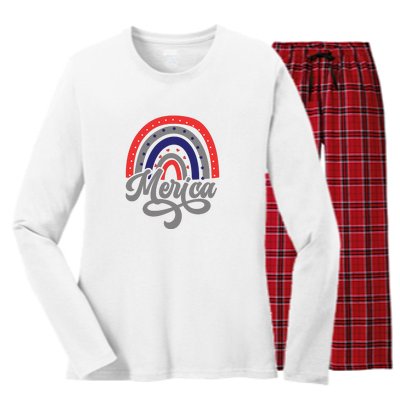 Merica Rainbow 4th Of July Patriotic Funny Women's Long Sleeve Flannel Pajama Set 