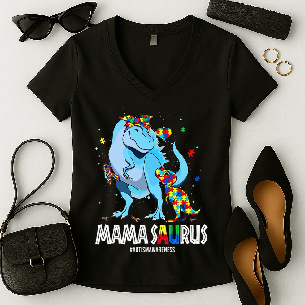 mamasaurus rex autism awareness autistic mother's day Women's V-Neck T-Shirt
