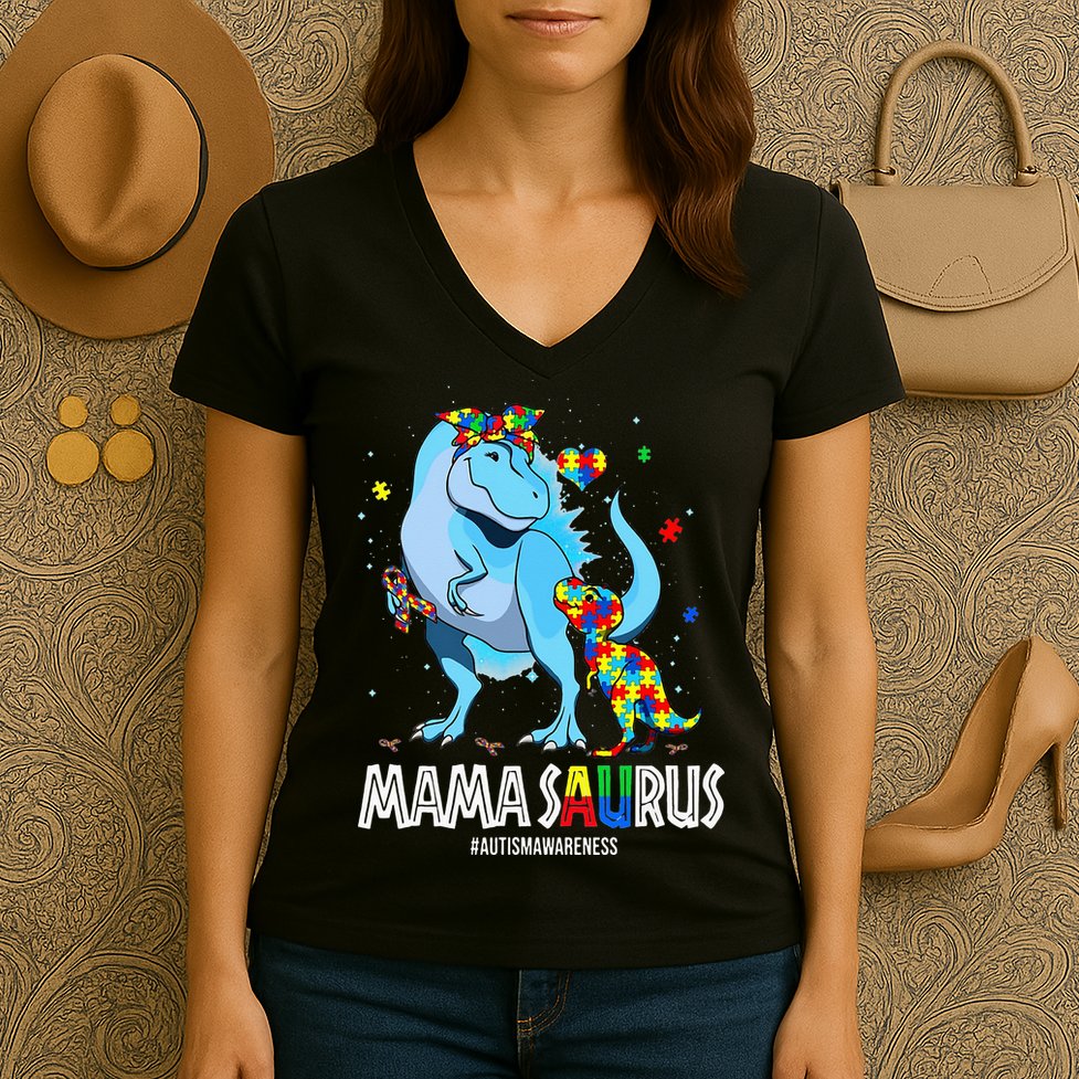 mamasaurus rex autism awareness autistic mother's day Women's V-Neck T-Shirt