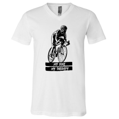 My Road Bike Is My Therapy Bike Riding Cyclist Cycling V-Neck T-Shirt