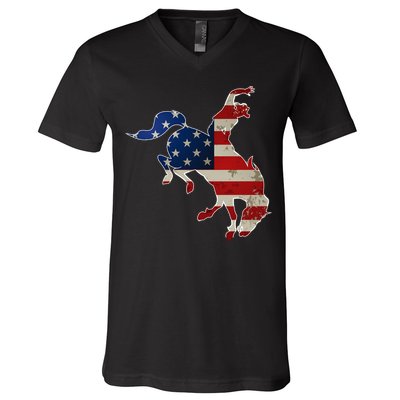 Man Riding Bucking In Rodeo V-Neck T-Shirt