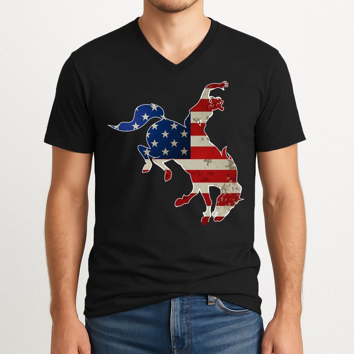Man Riding Bucking In Rodeo V-Neck T-Shirt
