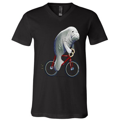 Manatee Riding Bicycle Cute Biker Cyclist V-Neck T-Shirt