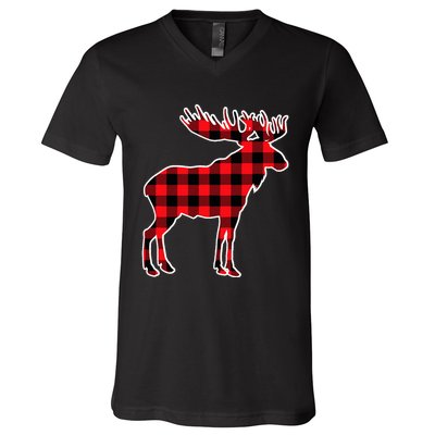 Moose Red Buffalo Plaid Matching Pajama Family Gift V-Neck T-Shirt