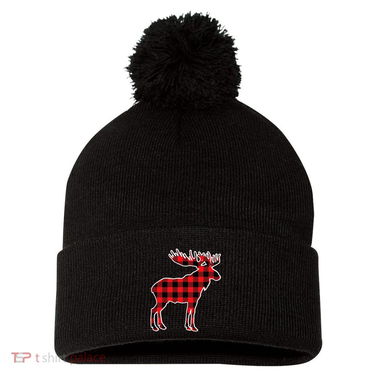 Moose Red Buffalo Plaid Matching Pajama Family Gift Pom Pom 12in Knit Beanie