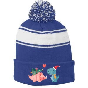 Merry Rexmas Cute Christmas Dinosaur Winter Holiday Funny Gift Stripe Pom Pom Beanie