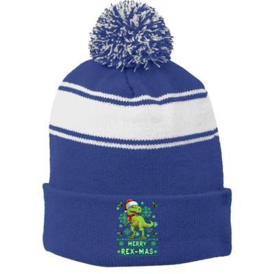 Merry Rexmas Christmas Trex Gift Stripe Pom Pom Beanie