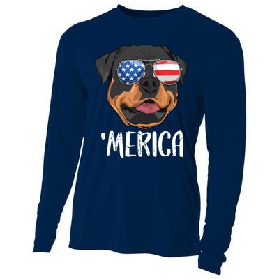 Merica Rottweiler Dog 4th Of July American Flag Cooling Performance Long Sleeve Crew