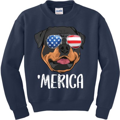 Merica Rottweiler Dog 4th Of July American Flag Kids Sweatshirt