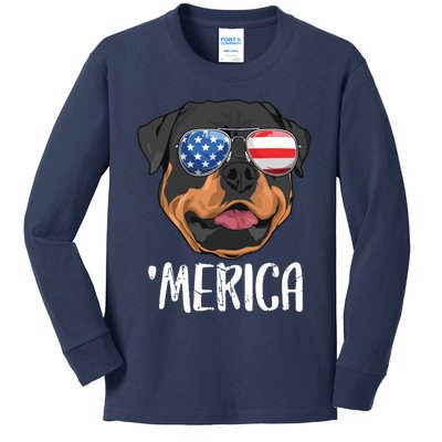 Merica Rottweiler Dog 4th Of July American Flag Kids Long Sleeve Shirt