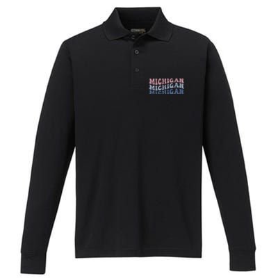 Michigan Retro Distressed Logo Performance Long Sleeve Polo