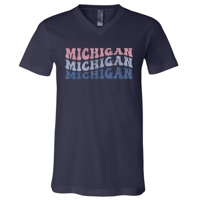 Michigan Retro Distressed Logo V-Neck T-Shirt