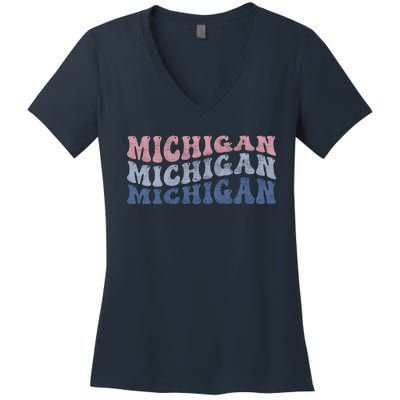 Michigan Retro Distressed Logo Women's V-Neck T-Shirt