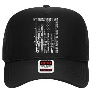 My Rights Dont End Where Your Feelings Begin USA Flag Gun High Crown Mesh Back Trucker Hat