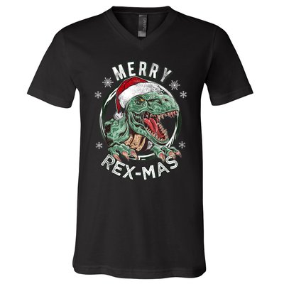 Merry Rexmas Dino Dinosaurus Funny Pajama Christmas V-Neck T-Shirt