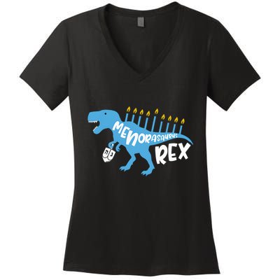 Menorasaurus Rex Dinosaur Hanukkah Jewish Women's V-Neck T-Shirt