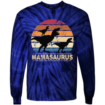 Mamasaurus Rex Dinosaur Pajama Dino Twin Mom With Two Tie-Dye Long Sleeve Shirt