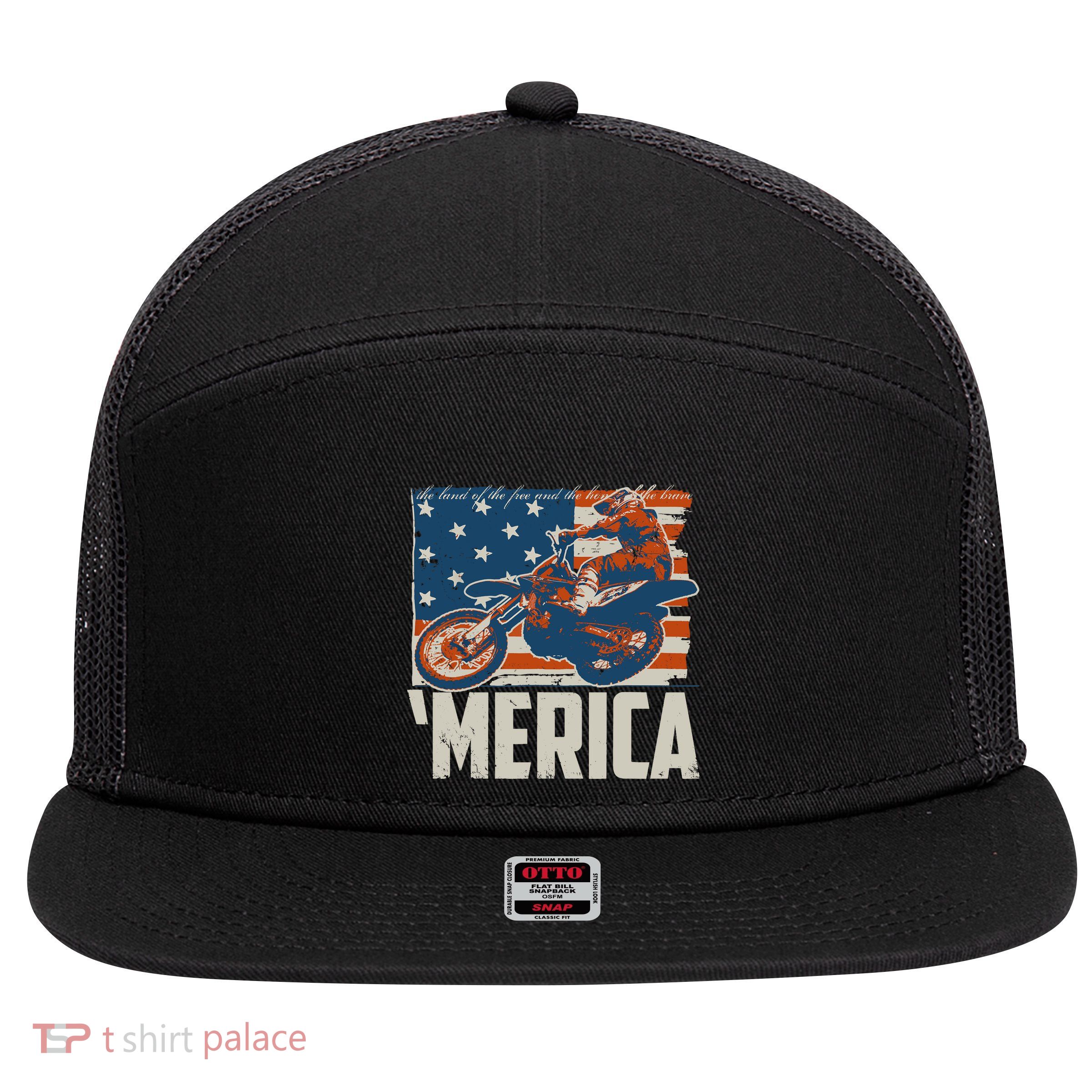 Motocross Racer Dirt Bike 'Merica American Flag 7 Panel Mesh Trucker Snapback Hat