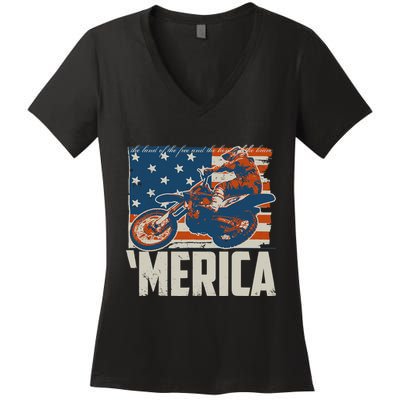 Motocross Racer Dirt Bike 'Merica American Flag Women's V-Neck T-Shirt