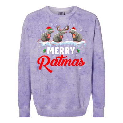 Merry Ratmas Funny Santa Elf Reindeer Rat Christmas Light Gift Colorblast Crewneck Sweatshirt