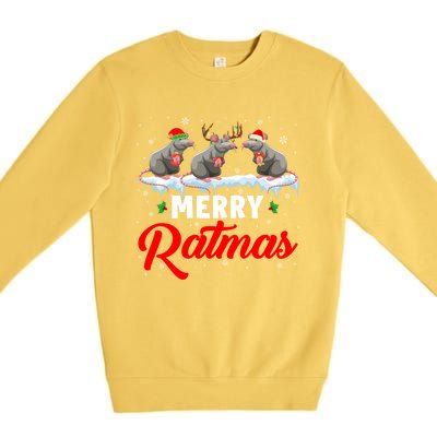 Merry Ratmas Funny Santa Elf Reindeer Rat Christmas Light Gift Premium Crewneck Sweatshirt