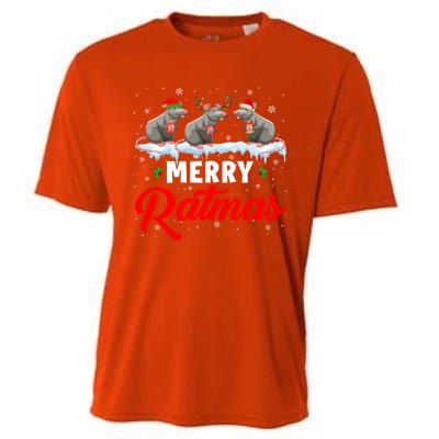 Merry Ratmas Funny Santa Elf Reindeer Rat Christmas Light Gift Cooling Performance Crew T-Shirt