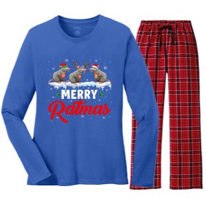 Merry Ratmas Funny Santa Elf Reindeer Rat Christmas Light Gift Women's Long Sleeve Flannel Pajama Set 