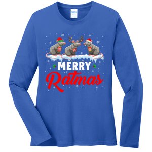 Merry Ratmas Funny Santa Elf Reindeer Rat Christmas Light Gift Ladies Long Sleeve Shirt