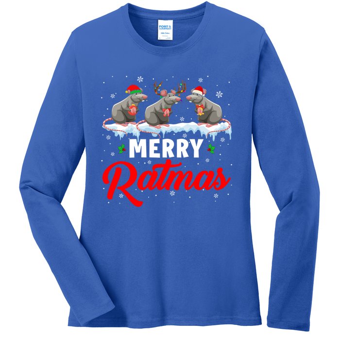 Merry Ratmas Funny Santa Elf Reindeer Rat Christmas Light Gift Ladies Long Sleeve Shirt